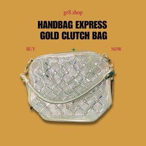 Handbag Express Gold Rhinestone Clutch With Detachable Strap & Polka Dot Interio
